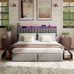 King Upholstered Bed Frame With 4 Storage Drawers, RGB LED Lights & USB / Type-C Charging Station, No Box Spring Needed - Gray