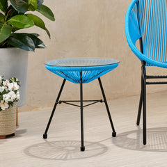 NUSA Modern Rattan Side Table with Tempered Glass Top in Blue