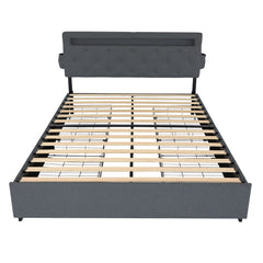 Bed With USB Charging Station, LED Lights, Headboard & Storage Drawers