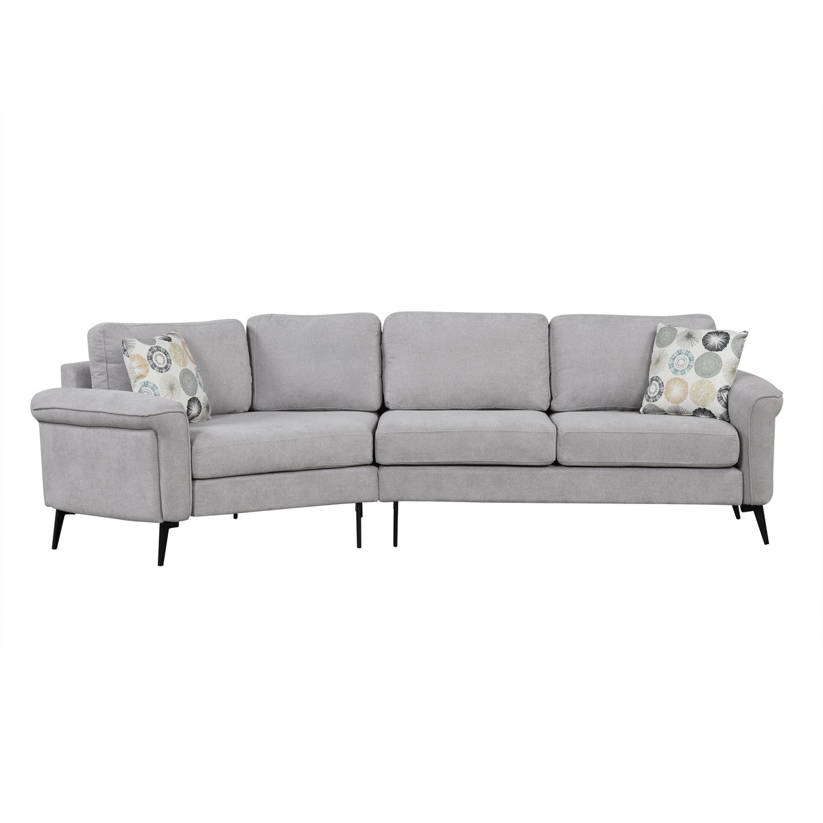 111" Upholstered 3-Seater Sofa with Curved Design and Two Printed Pillows