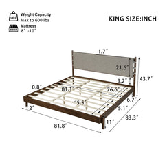 Premium Rubber Wood Platform Bed Frame King Size with Light Grey Headboard