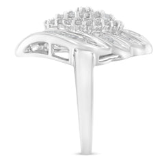 .925 Sterling Silver Â¾ Cttw Round and Baguette Cut Diamond Stair-Stepped Cluster Waterfall Cocktail Ring (I-J Color, I2-I3 Clarity) - Size 6