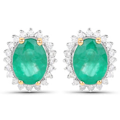 2.66 Carat Genuine Zambian Emerald and White Diamond 14K Yellow Gold Earrings