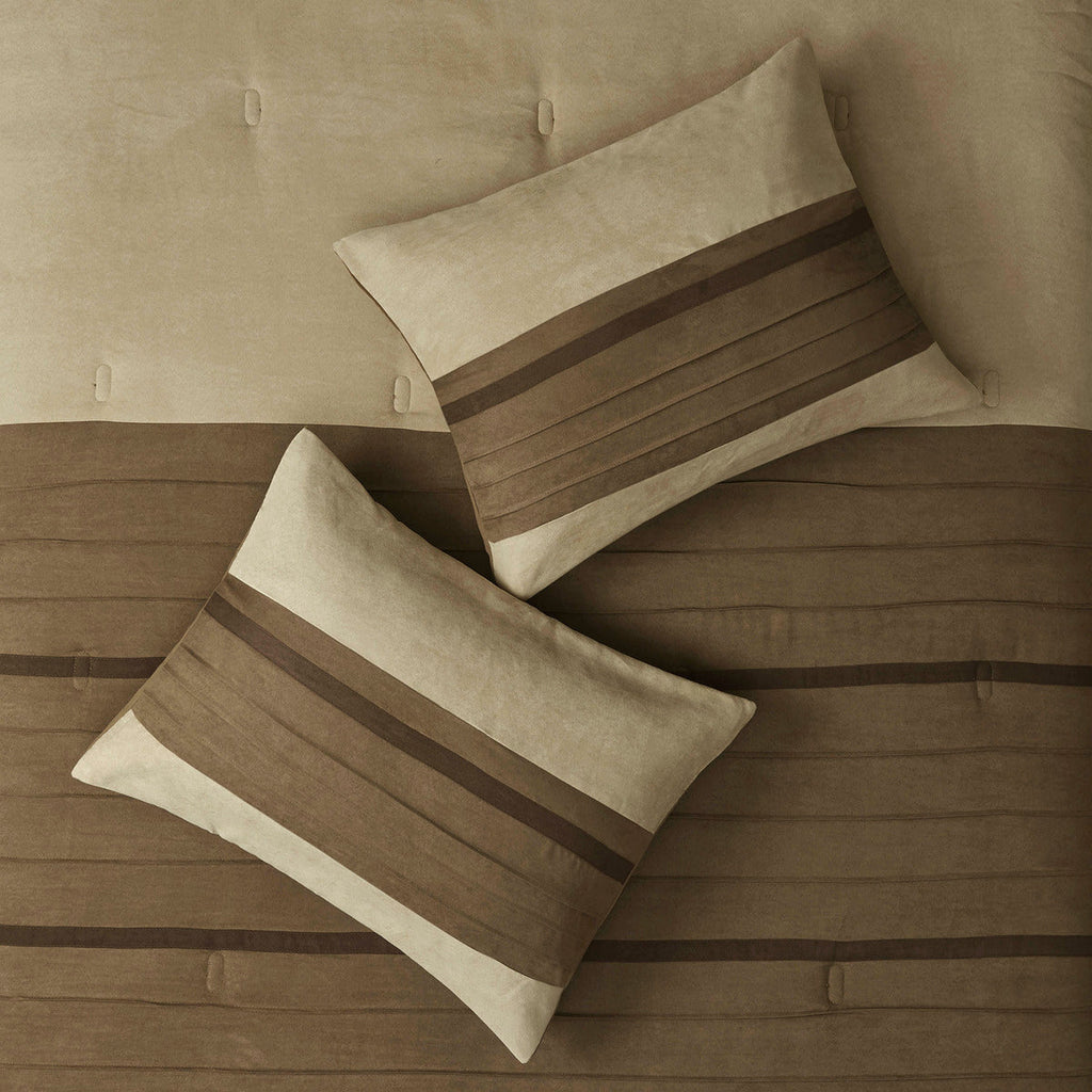 7 PC Pieced Faux Suede Comforter Set Natural Queen