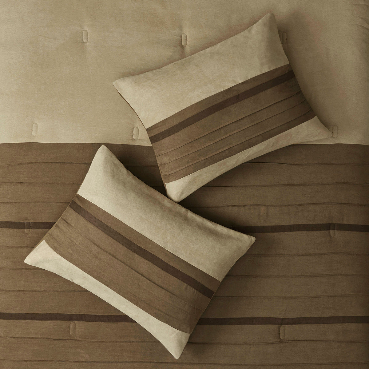 7 PC Pieced Faux Suede Comforter Set Natural Queen