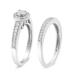 .925 Sterling Silver 1/2 Ctw Diamond Halo and Milgrain Engagement Ring Bridal Set (I-J Color, I3 Clarity) - Ring Size 7