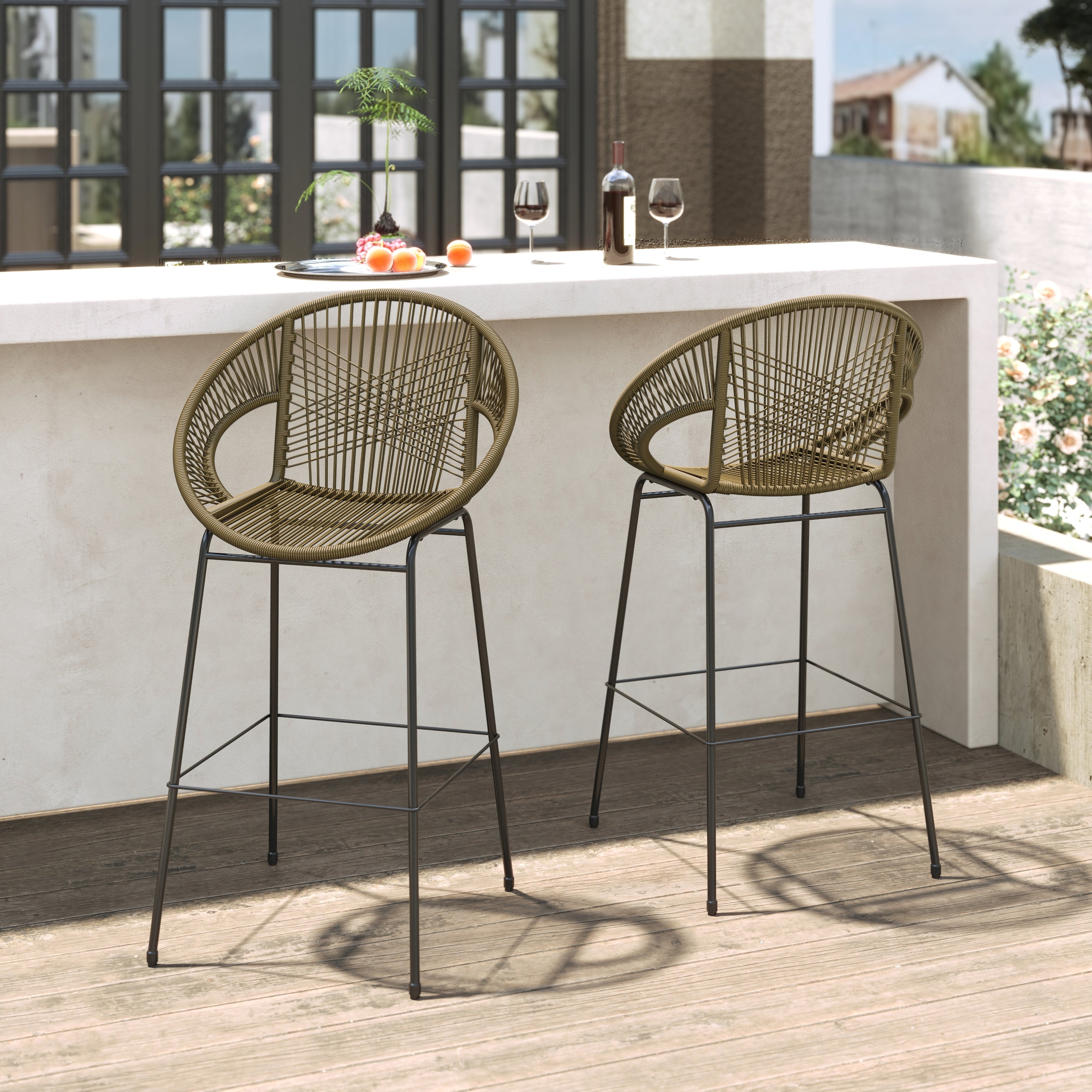 Ferrara Outdoor Patio Green Faux Wicker Barstool Set