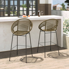 Ferrara Outdoor Patio Green Faux Wicker Barstool Set