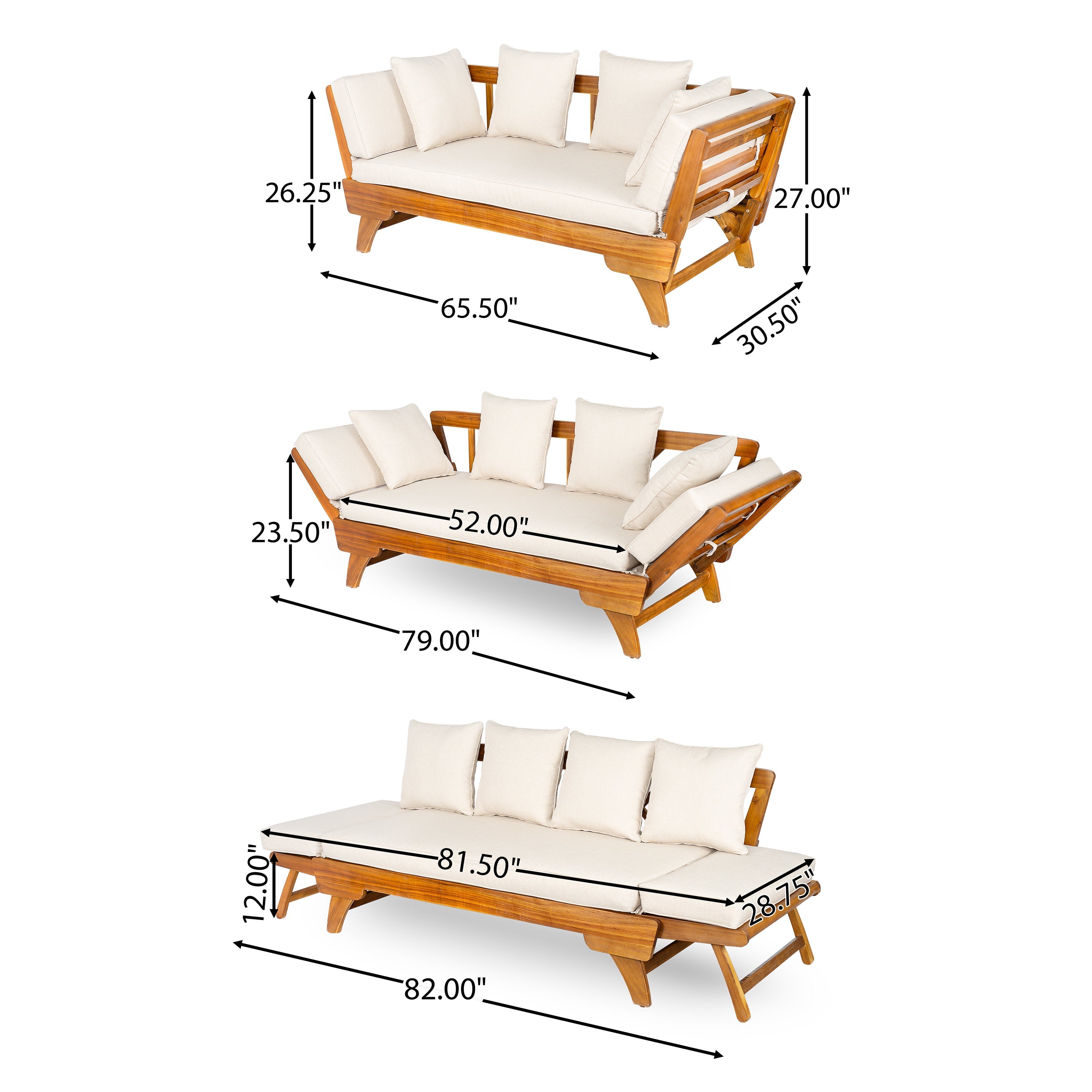 Outdoor Patio Daybed Sofa, 3-Seat Sofa with Foldable Arm & Removable Cushions