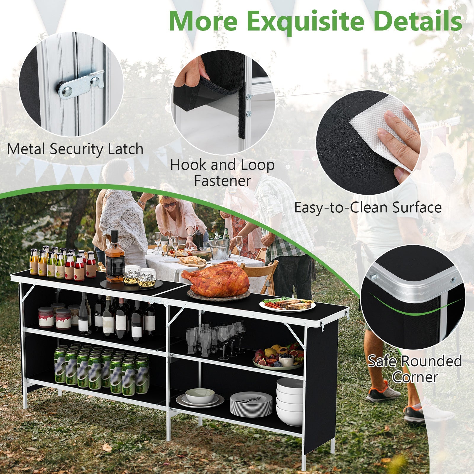 Aluminum Portable Picnic Table with 2-Tier Open Shelves and Spacious Tabletop-Black