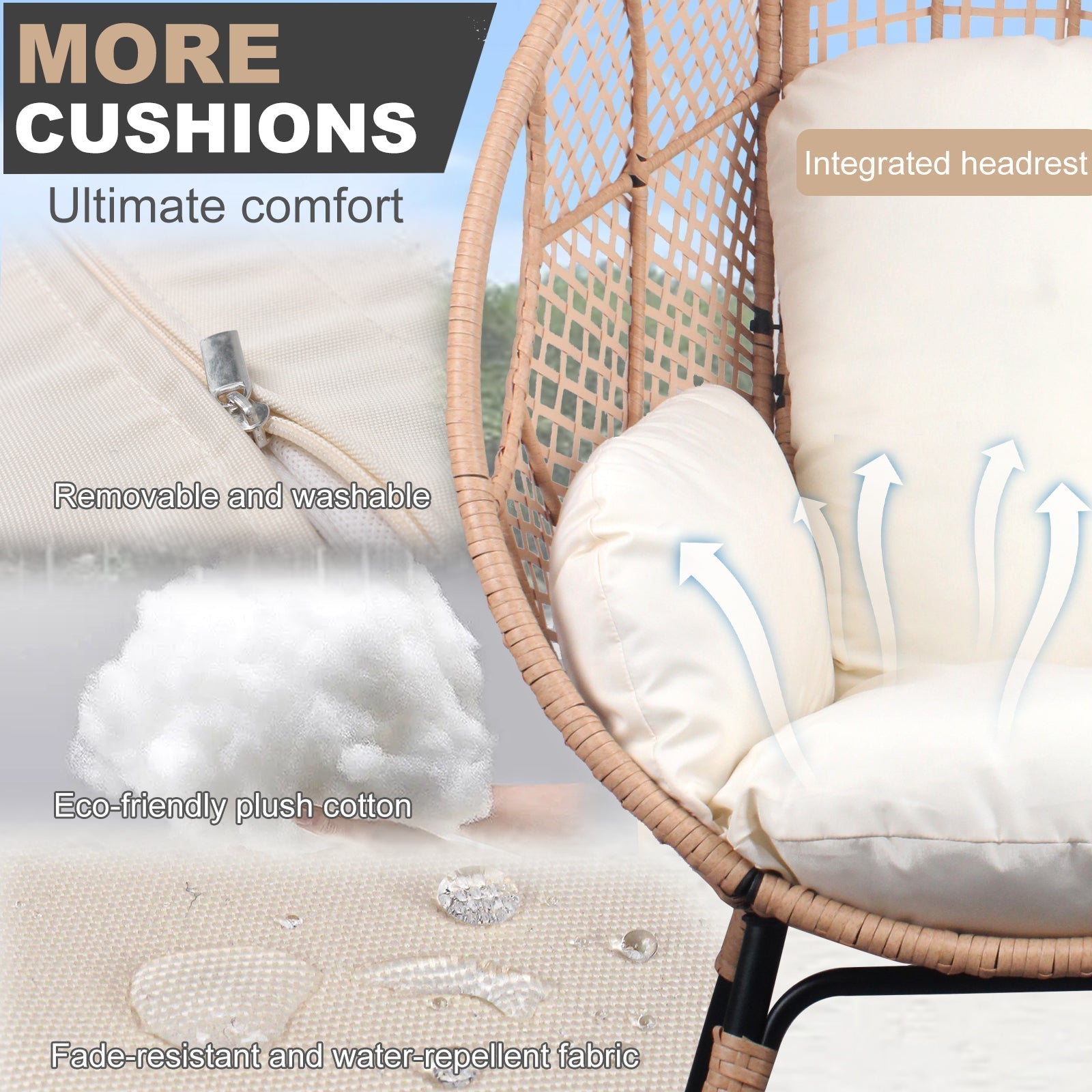 New Grid Style PE Wicker Weaving Patio Egg Chair with Natural Color Rattan Beige Cushion