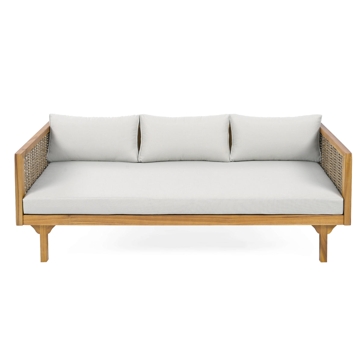 Claremont 3-Seater Daybed with Rattan Arms, Light Grey Cushion, Acacia Wood Frame