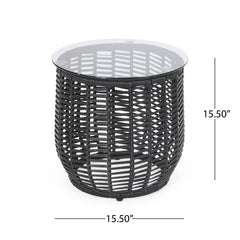 Boho ARIAS Side Table with Tempered Glass Top and Rattan Wrap, Black, 15.5 inches
