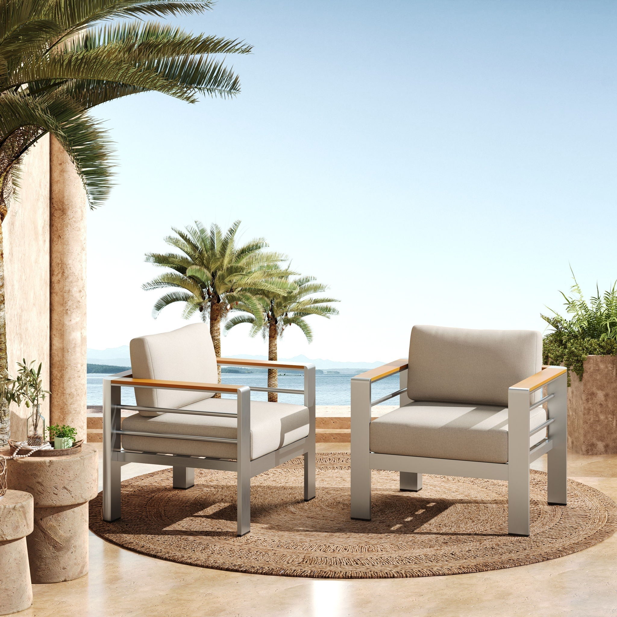 Cora - Outdoor Aluminum Club Chair Set Frame With Cushion Durable And Stylish Seating For Patio - Beige / Natural / Silver