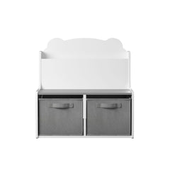 Bookshelf With Storage Bins, Bookcase With Book Display Shelf And 2 Bins, Cute Bear Shaped Backboard, Toy Organizer - White