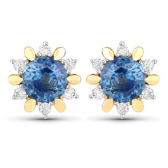 1.87 Carat Genuine Blue Sapphire and White Diamond 14K Yellow Gold Earrings