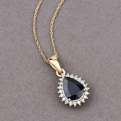 2.09 Carat Genuine Blue Sapphire and White Diamond 14K Yellow Gold Pendant