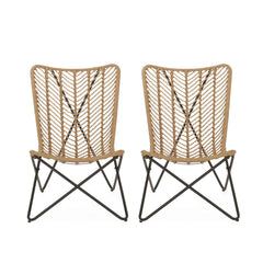 Wicker Chair With Geometric Cross Base (Set of 2) - Light Brown