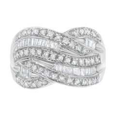 .925 Sterling Silver 1.0 Cttw Channel Set Alternating Round and Baguette Diamond Cross-over Bypass Ring Band (I-J Color, I2-I3 Clarity) - Size 7