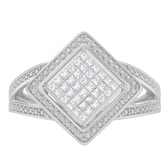 .925 Sterling Silver 1/3 Cttw Invisible Set Princess-Cut Diamond Rhombus and Beaded Halo Ring (H-I Color, SI1-SI2 Clarity) - Ring Size 7