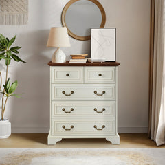 Antique Brown & White 5-Drawer Vintage Dresser – Farmhouse & Modern Design