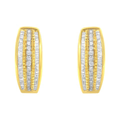 10K Yellow Gold 3/4 Cttw Pave and Channel Set Diamond Triple Row Modern Hoop Earrings (I-J Color, I2-I3 Clarity)