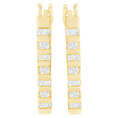 10K Yellow Gold Round and Baguette Cut Diamond Oblong Hinged Leverback Hoop Earrings (Â¼ Cttw, I-J Color, I2-I3 Clarity)