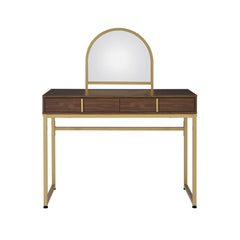 Coleen Walnut & Gold Finish Vanity Desk with Mirror & Jewelry Tray