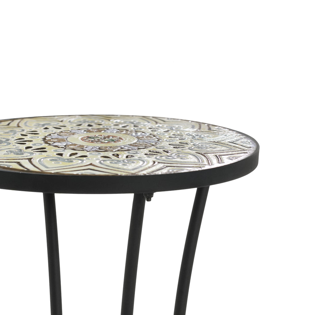 Ceramic Tile and Iron Patio Side Table with Shelf, Brown and Black