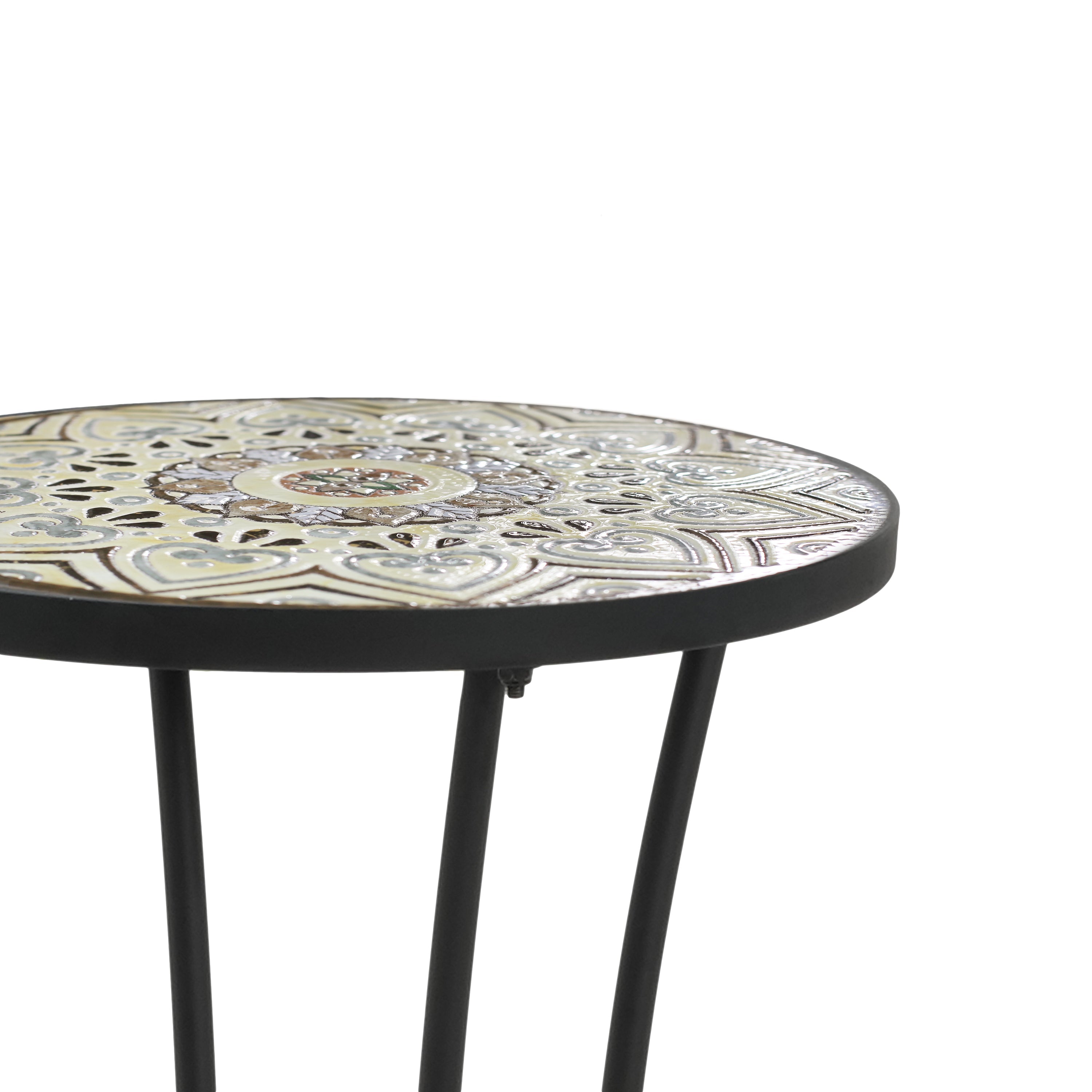 Ceramic Tile and Iron Patio Side Table with Shelf, Brown and Black