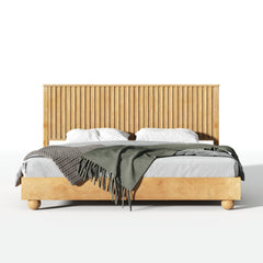 Natural Queen Size Wood Bed Frame With Reeded Headboard
