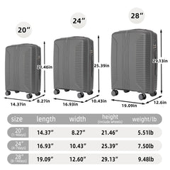 3-Piece PP Spinner Wheel Luggage Set 20'/24'/28' Silver Grey