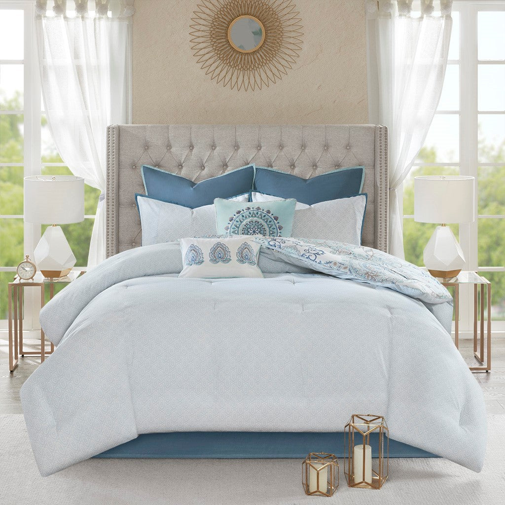 8 Piece Cotton Floral Printed Reversible Comforter Set Blue