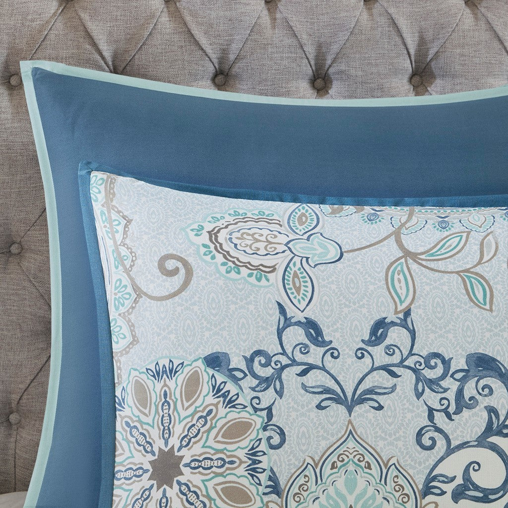 8 Piece Cotton Floral Printed Reversible Comforter Set Blue