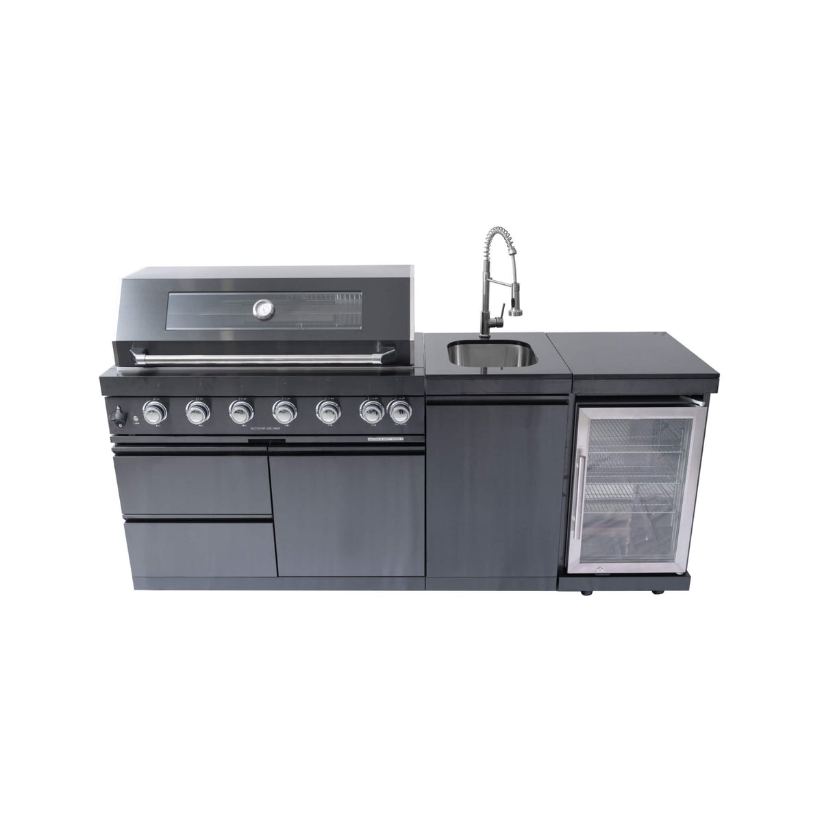 Castelle Flame 85K BTU Outdoor BBQ Kitchen Grill Island With 43-Inch 6-Burner Grill, Wine Fridge, Rotisserie Kit, And Sink (SAK23864)
