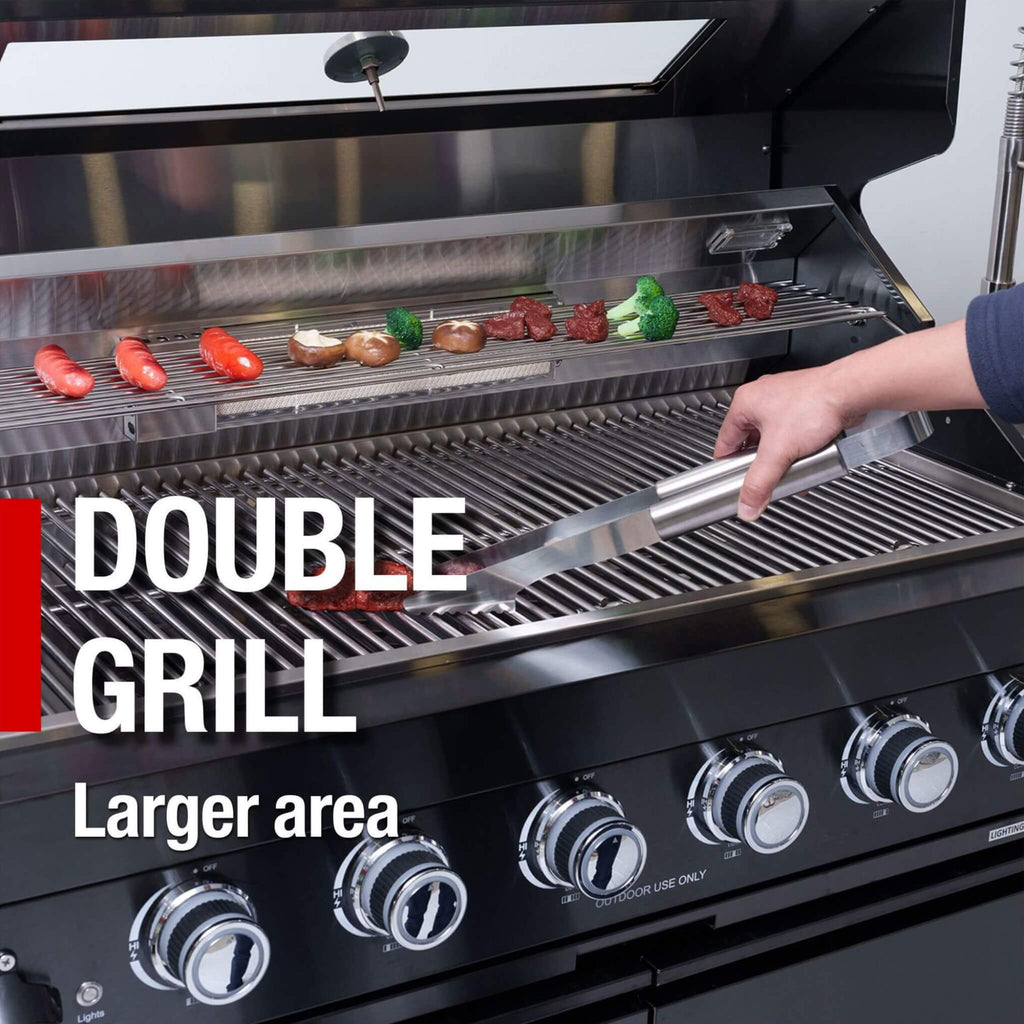 Castelle Flame Premium Black Stainless Steel 6-Burner Gas Grill Kitchen Island With Rotisserie Kit (SAK82641)
