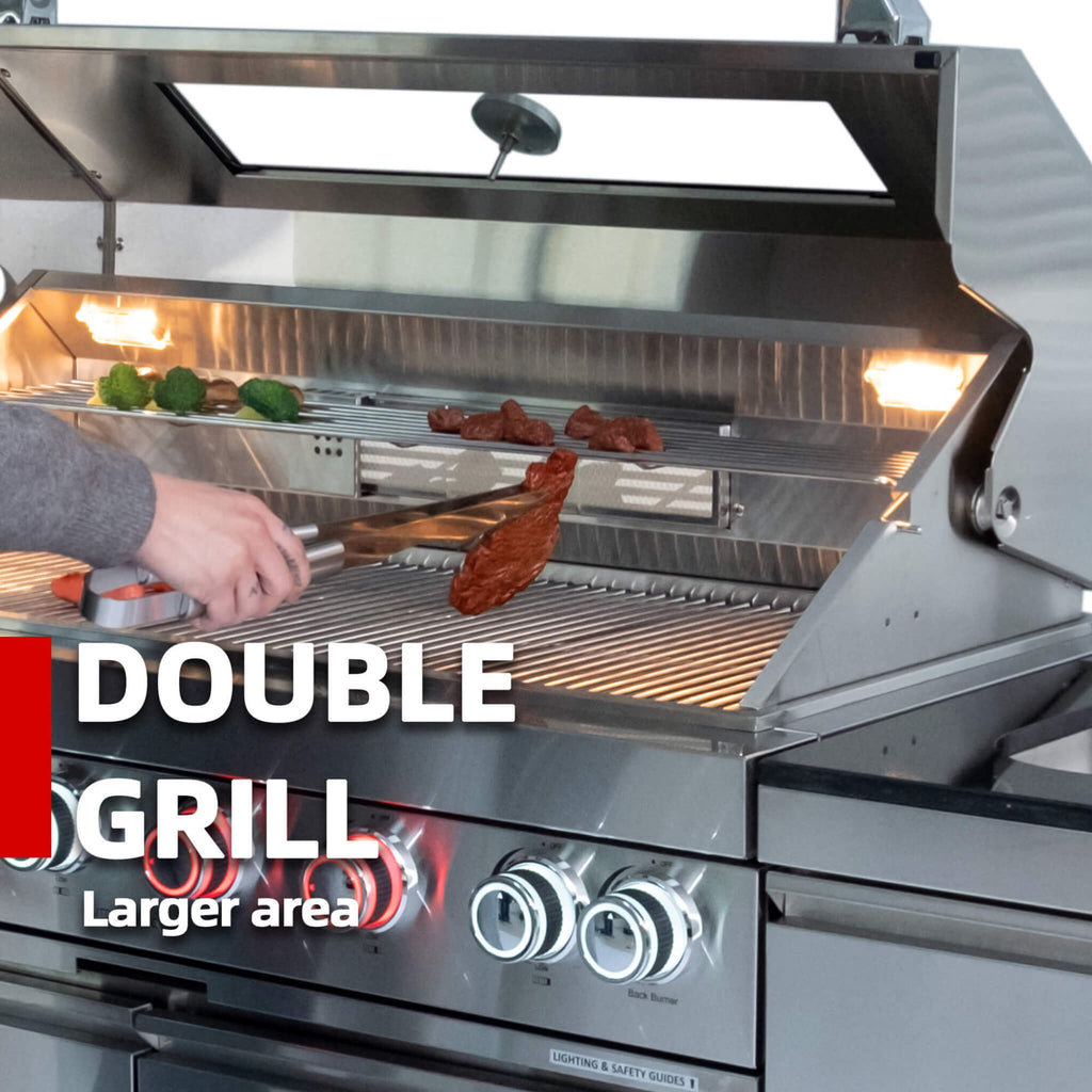 Castelle Flame Stainless Steel Outdoor BBQ Kitchen Island With 46-Inch 4-Burner 85K BTU Grill, Rotisserie Kit, And Cabinets (SAK93192)