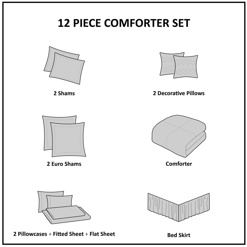 12 Piece Comforter Set with Cotton Bed Sheets Blue King