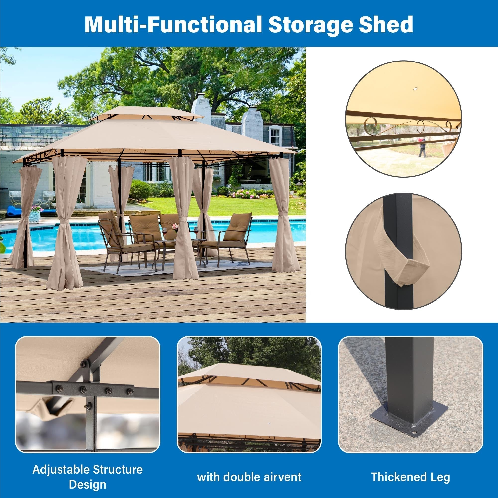 Khaki Outdoor Patio Gazebo Canopy Tent with Ventilated Double Roof and Mosquito Net, 13x10 Ft