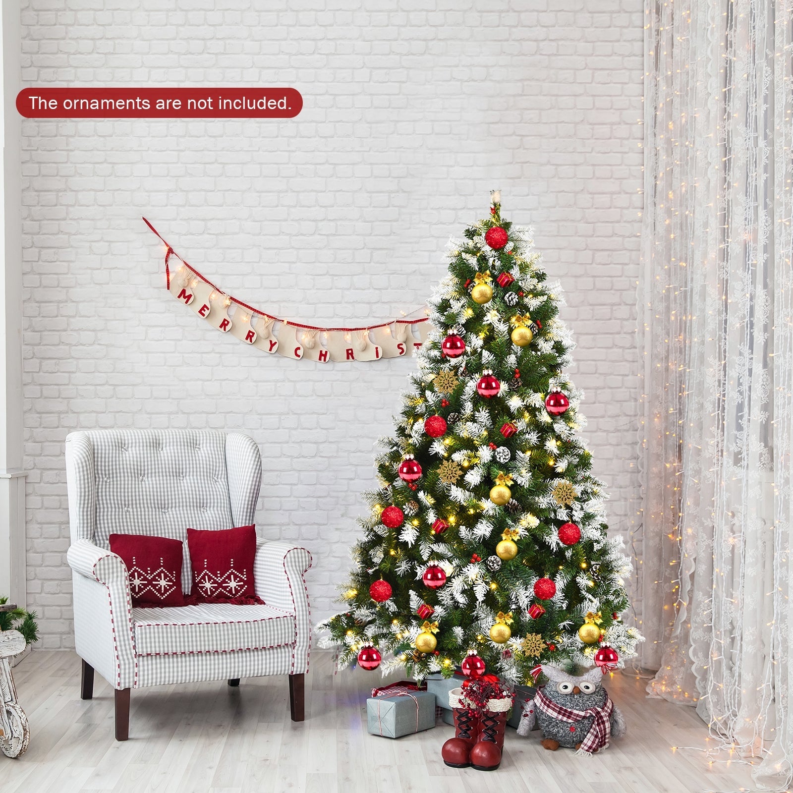 Pre-lit Snow Flocked Christmas Tree with Red Berries and LED Lights-6 ft
