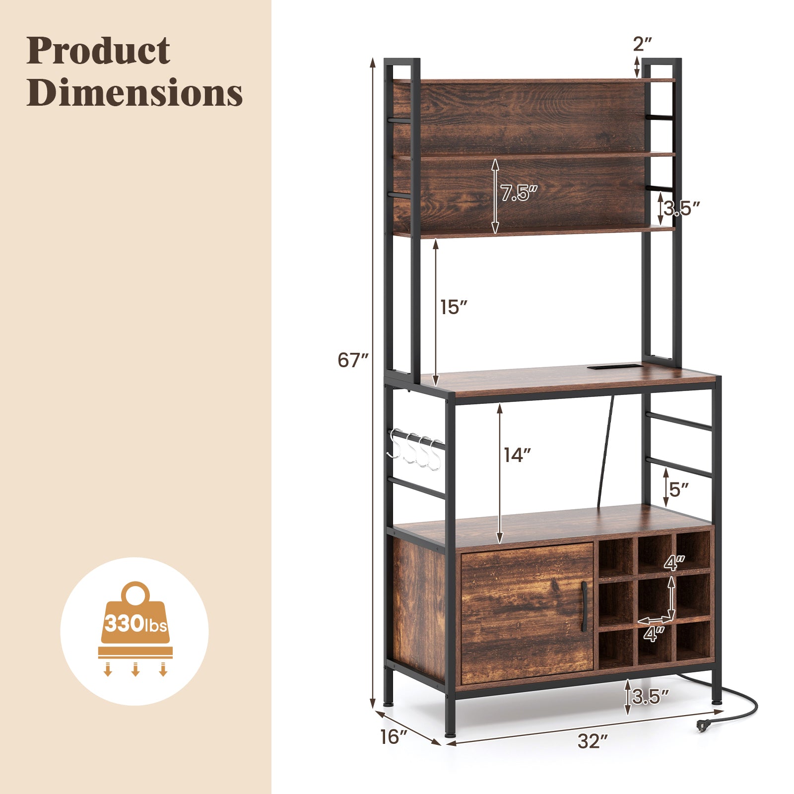Coffee Bar Cabinet with S-Shaped Hooks and Wine Bottle Holders-Rustic Brown