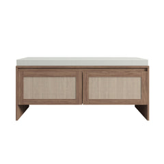 Storage Bench With Cushion, Shoe Cabinet With 2 Doors - Antique Natural / Rattan