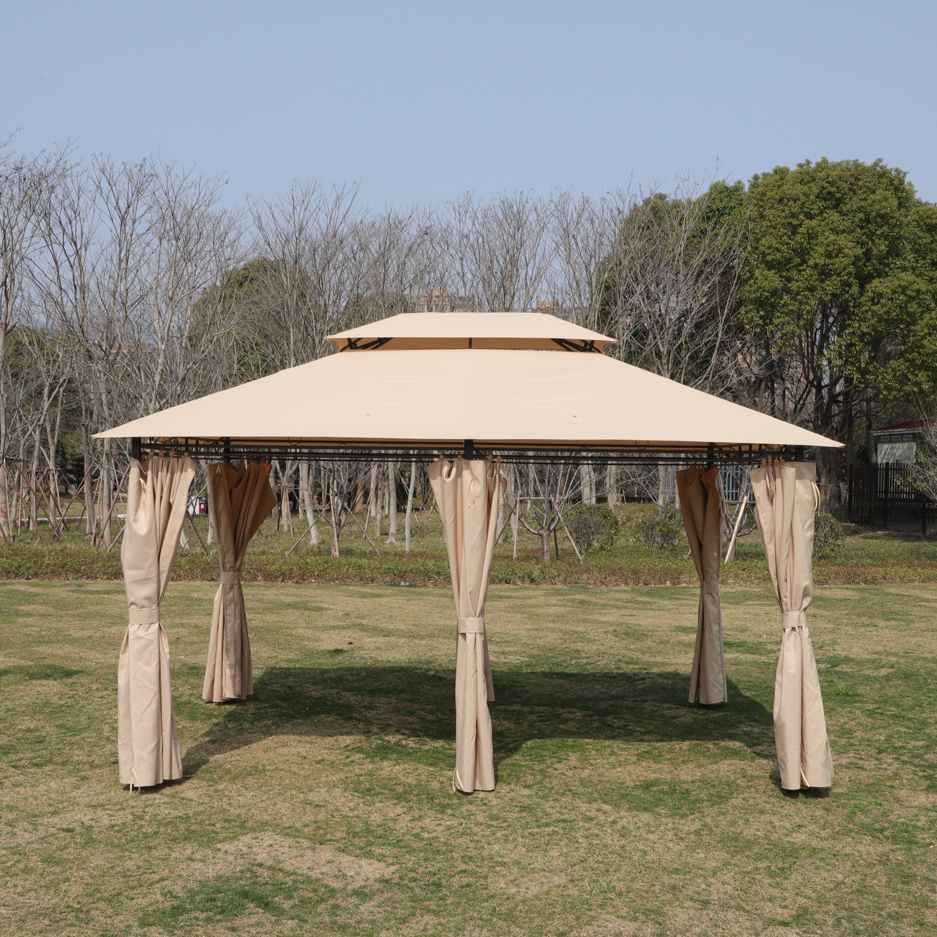Khaki Outdoor Patio Gazebo Canopy Tent with Ventilated Double Roof and Mosquito Net, 13x10 Ft