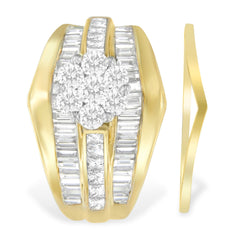 14K Yellow Gold 2-1/3 Cttw Diamond Cluster Channel Set Chevron Shaped Band Engagement Ring & Wedding Band Set