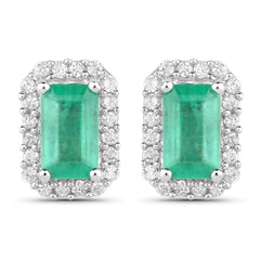 0.91 Carat Genuine Zambian Emerald and White Diamond 14K White Gold Earrings