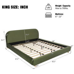 King Size Platform Bed with Velvet Fabric and Curved Headboard