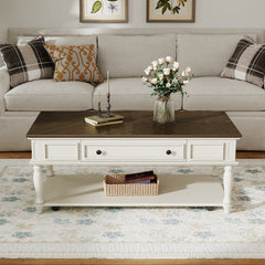 Farmhouse Coffee Table with One Drawer in Grey and White