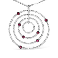18K White Gold 2 1/6 Cttw Pave Set Diamonds and Red Ruby Openwork Circles 18" Pendant Necklace  (G-H Color, SI2-I1 Clarity) - Adjustable up to 16" - 18"