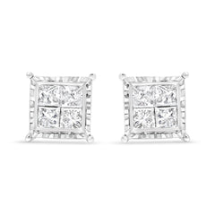 14K White Gold 1 1/2 Cttw Invisible Set Princess-Cut Diamond Contemporary Wavy Quad Stud Earrings (I-J Color, I1-I2 Clarity)