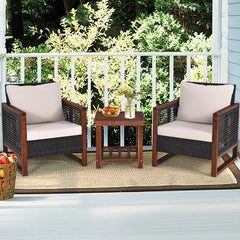 3 Pieces Outdoor Patio Furniture Set Wicker Chairs with Coffee Table, Balcony Porch Furniture Bistro Set with Wood Frame and Washable Cushions for Garden Poolside Backyard